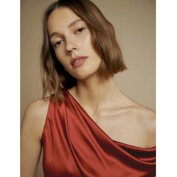 Reformation Annika Off-The-Shoulder Draped Silk-Charmeuse Top in Oxide - Picture 11 of 16